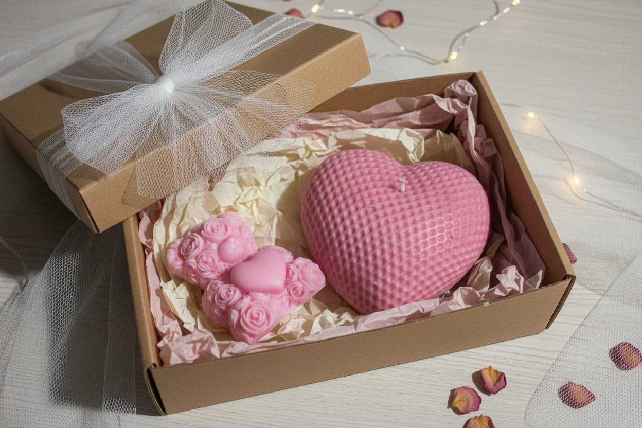 Ρομαντικό Σετ Κεριών Καρδιά - Luxury Pink Rose Candle Gift Set